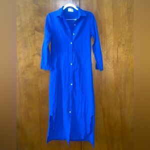 Collared Button Down Dress Shirt Blue With Roll Tab Sleeves Side Slits Size XL